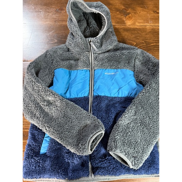 Eddie Bauer Kids Fleece Hooded Jacket Blue Gray Boys Girl M (10/12) Full Zip - Picture 1 of 10